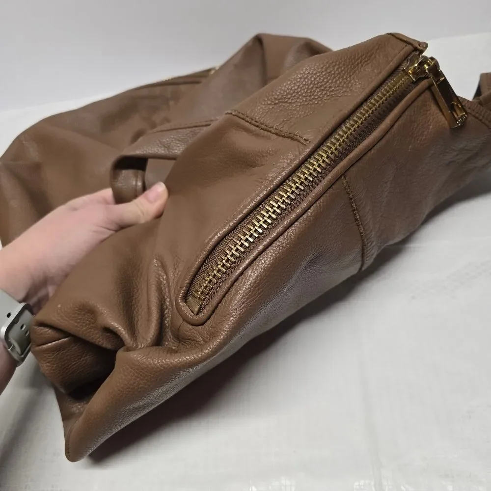 STEVEN by STEVE MADDEN Genuine Brown Leather Expandable Large Hobo Bag Boho Chic